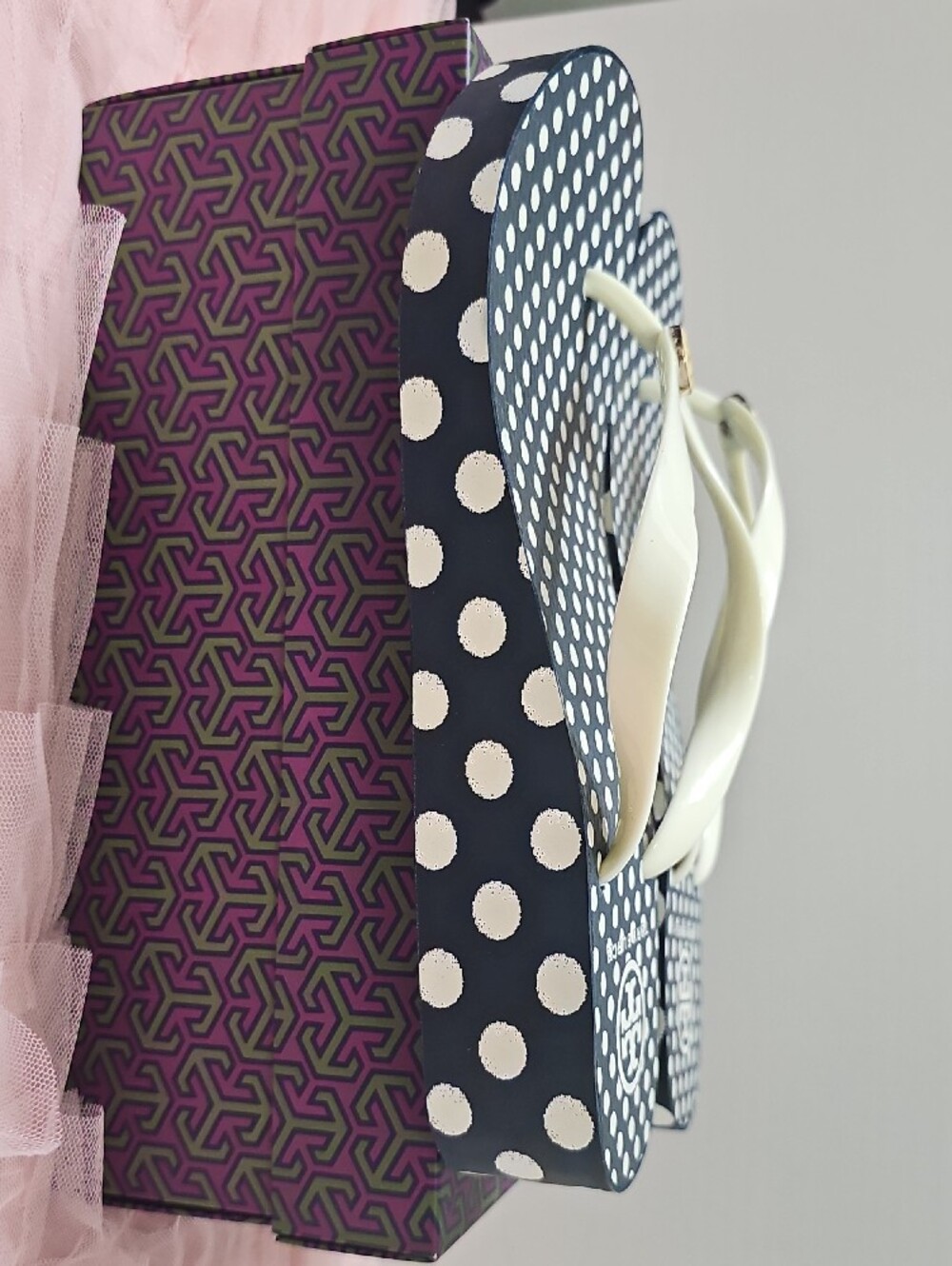 Tory Burch Navy Polka Dot Flip Flops with White Straps - Picture 2 of 4